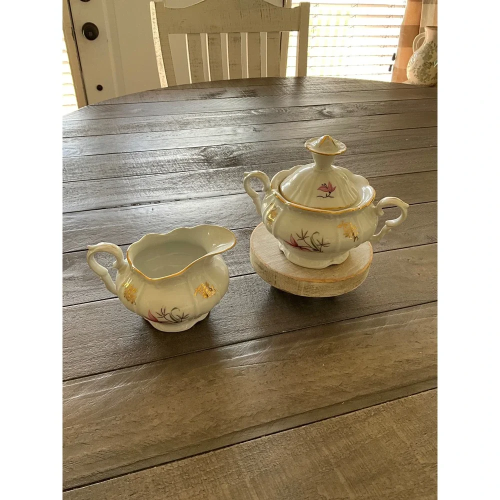Vtg Fine Bohemian China Czechoslovakia Creamer Sugar Bowl Set Pink Floral Gold‎